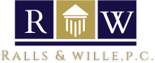 Ralls & Wille, P.C. law firm logo featuring blue squares with initials and classical column icon