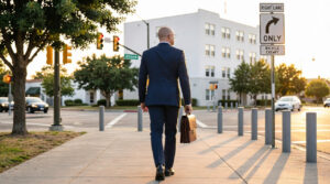 Attorney in Tucson, AZ wearing a navy suit and carrying a brown leather briefcase, walking down a downtown sidewalk toward a right-turn-only sign at golden hour.