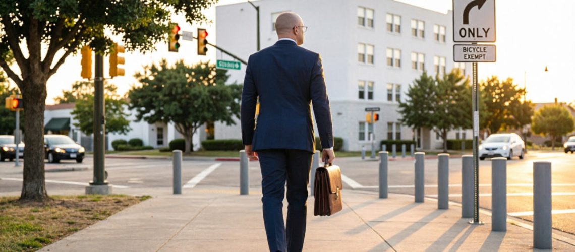 Attorney in Tucson, AZ wearing a navy suit and carrying a brown leather briefcase, walking down a downtown sidewalk toward a right-turn-only sign at golden hour.