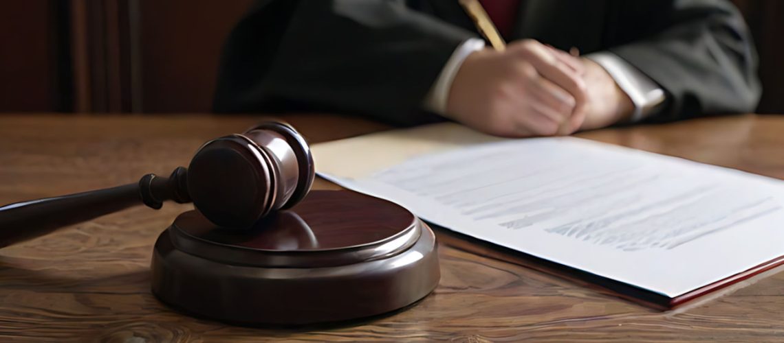 El mazo de un juez sobre un bloque de madera que produce sonido, junto a un abogado con traje oscuro que revisa documentos legales en su escritorio, lo que representa los servicios de un bufete de abogados